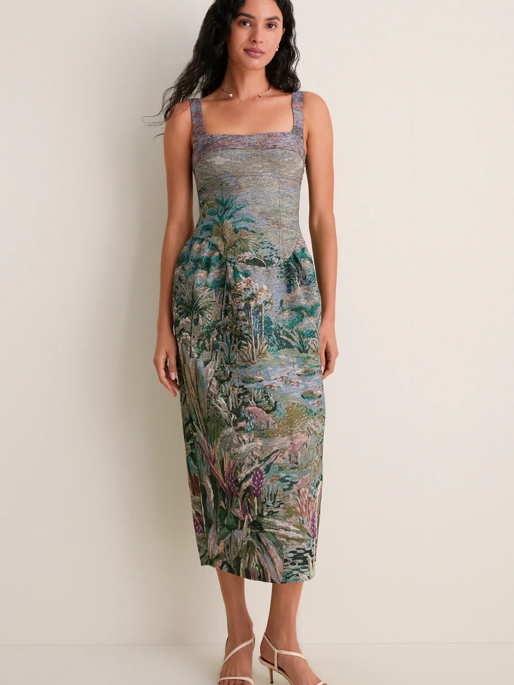 Farm Rio Petricor Floral Tapestry Square-Neck Midi Dress in Multicolor - Picture 7 of 7